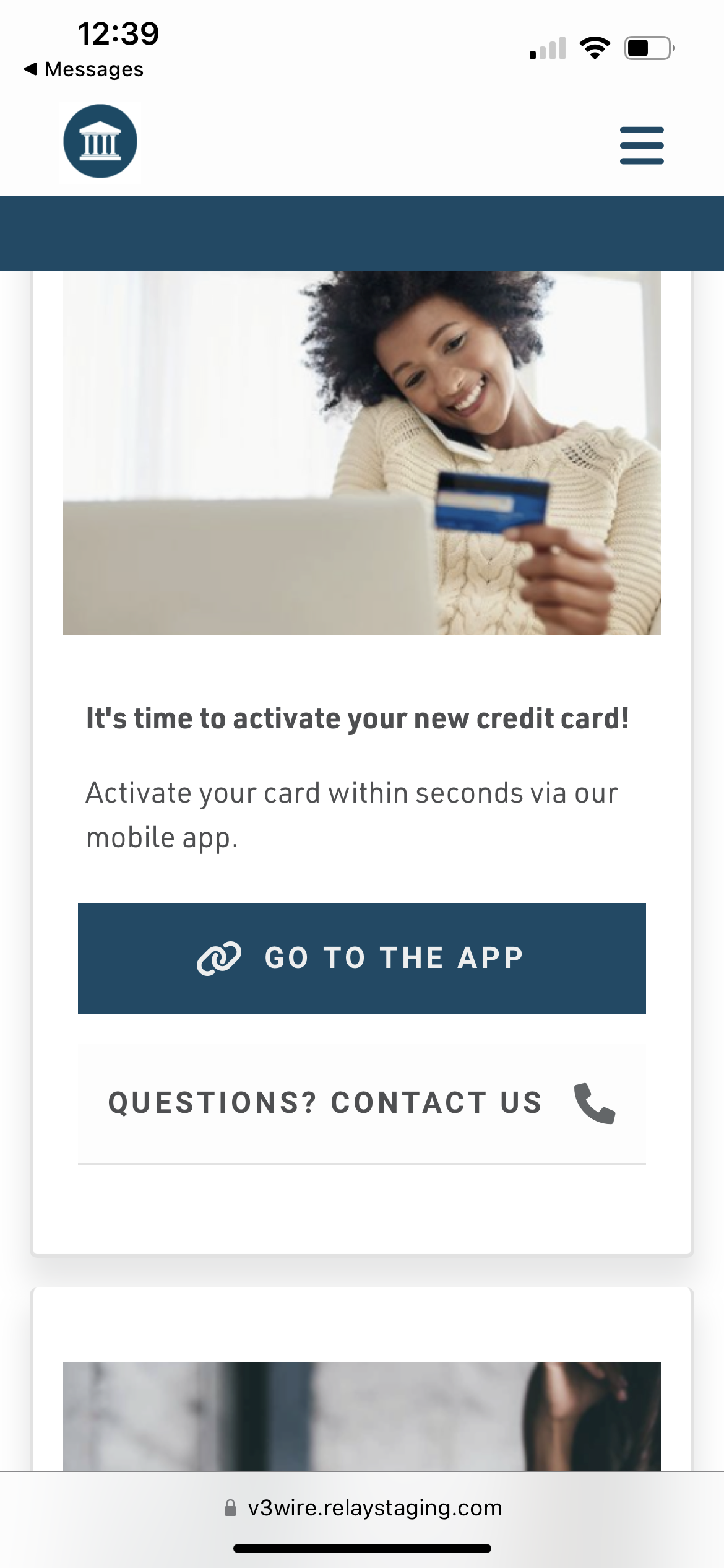 A banking customer's phone showing a message about activating their card